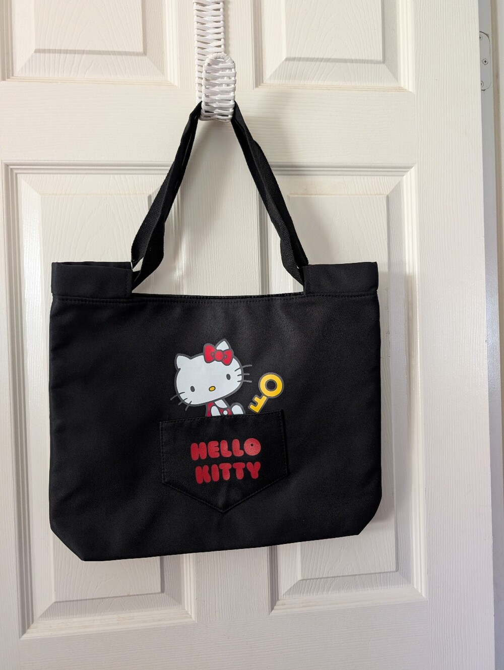 Licensed Hello Kitty Black Tote Bag with Pocket Graphic